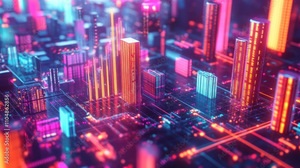 Obraz premium Futuristic neon city on a circuit board.