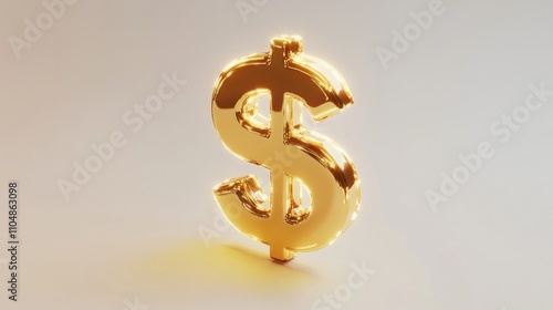 Single gold 3D cartoon dollar sign with glowing edges, radiating luxury on a white background