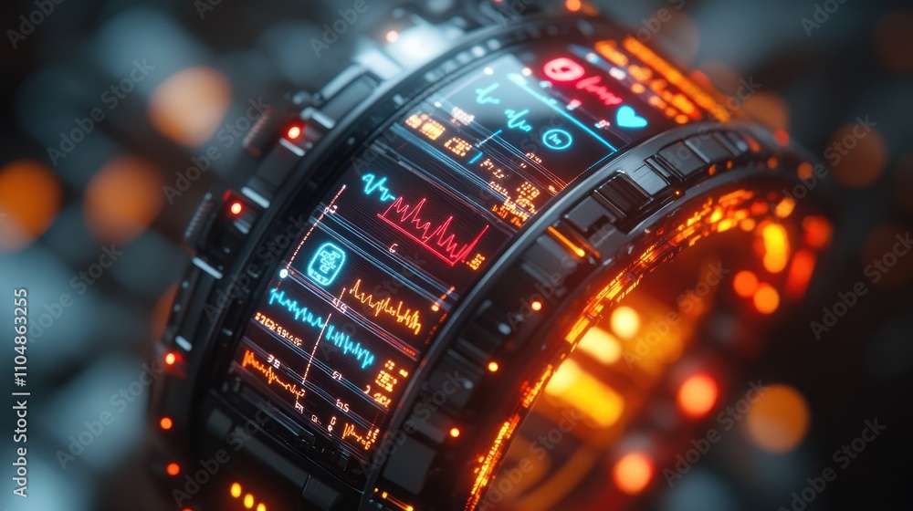 A futuristic medical device with a digital display showing vital signs and other medical information. A futuristic medical device with a digital display showing vital signs and other medical information.