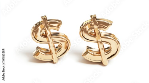 Stacked gold dollar signs in 3D cartoon style, leaning playfully against each other, isolated on white