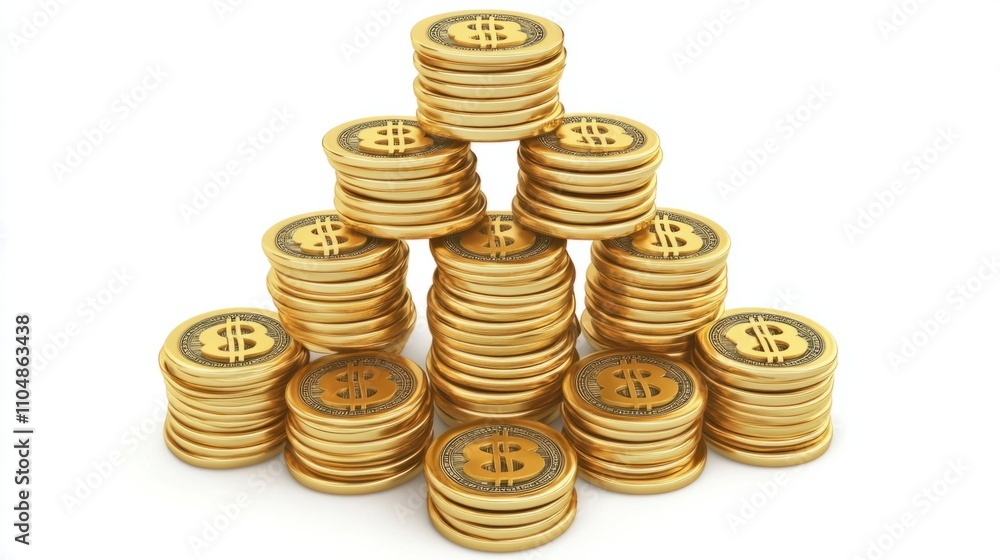 Stacked shiny gold dollar signs in 3D cartoon style, arranged in a pyramid, isolated on white