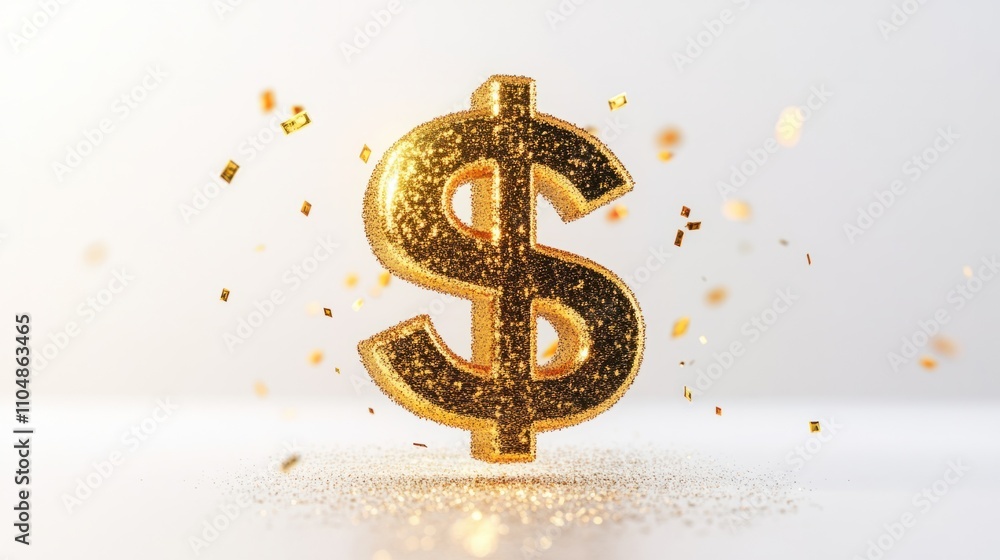 Vibrant floating gold dollar sign in 3D cartoon style, surrounded by subtle sparkles, on a clean white backdrop
