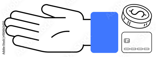 Hand reaching towards coin and credit card, representing financial transactions, payments, and cashless economy. Ideal for banking, finance, e-commerce, mobile payments investments budgeting. Line