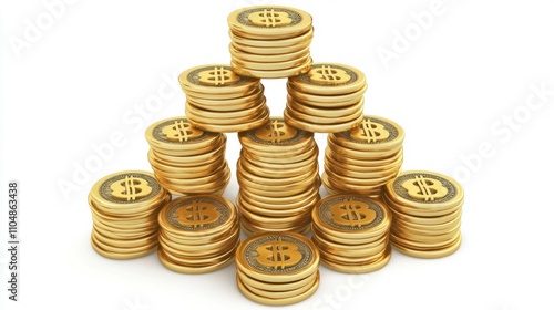 Obraz na płótnie Stacked shiny gold dollar signs in 3D cartoon style, arranged in a pyramid, isolated on white w salonie