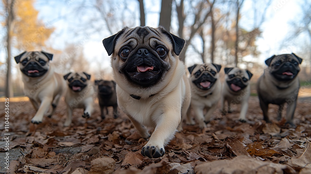 Happy pugs running towards camera in autumn park.