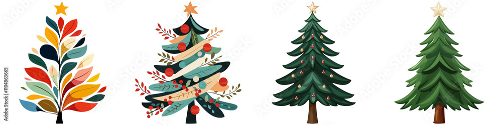 Christmas tree isolated, A collection of four distinct Christmas trees featuring various colors, decorations, and styles. Christmas tree isolated, A collection of four distinct Christmas trees featuring various colors, decorations, and styles.
