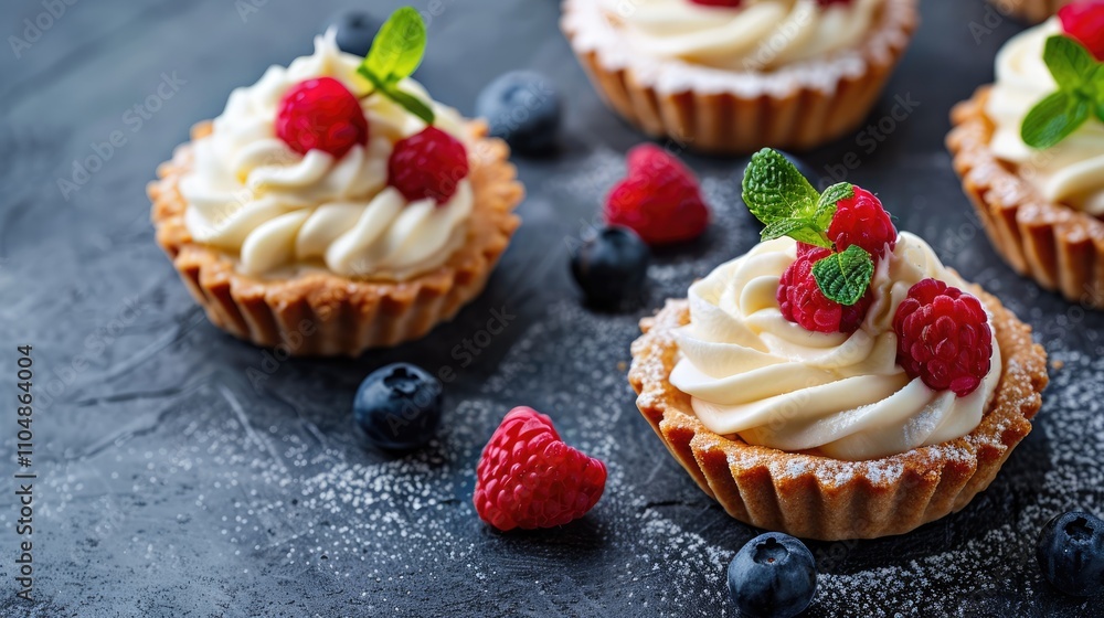 Cream-filled sweet tartlets with empty space for text. Cream-filled sweet tartlets with empty space for text.