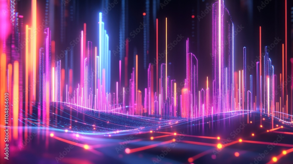 Neon cityscape, glowing lines and digital landscape. Neon cityscape, glowing lines and digital landscape.