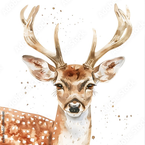 A single watercolor artwork of a gentle deer with delicate antlers and warm brown tones, isolated on a white background. 8k UHD, suitable for high-quality printing or digital display.  photo