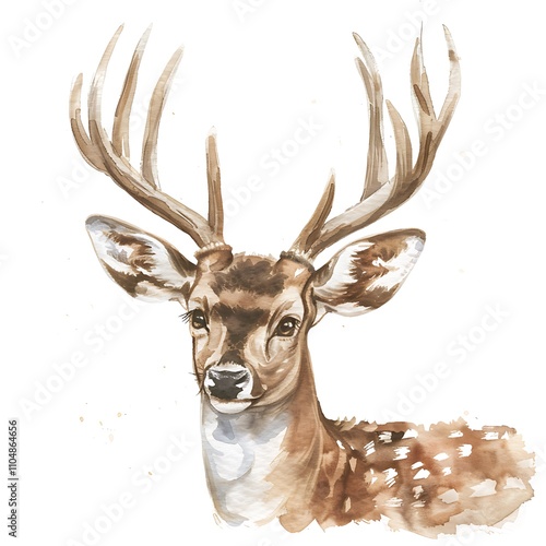 A single watercolor artwork of a gentle deer with delicate antlers and warm brown tones, isolated on a white background. 8k UHD, suitable for high-quality printing or digital display.  photo