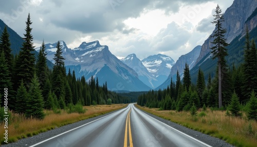 A winding road through a forested mountain valley on a cloudy day