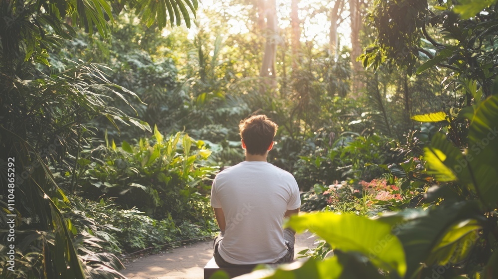 Serene Man Relaxing in Exotic Botanical Garden Surrounded by Beauty and Calmness Serene Man Relaxing in Exotic Botanical Garden Surrounded by Beauty and Calmness