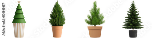 Christmas tree isolated, Four decorative potted plants featuring various designs, including a Christmas-themed tree and traditional green foliage arrangements.