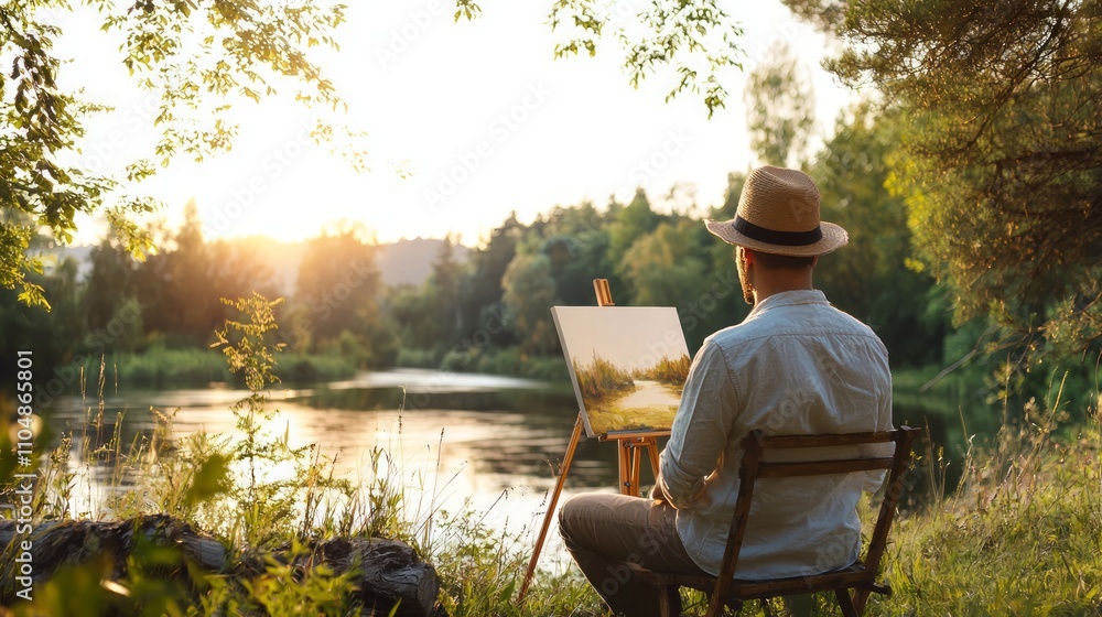 Immersed in Nature: Creative Artist Painting Serene Landscape Outdoors Immersed in Nature: Creative Artist Painting Serene Landscape Outdoors