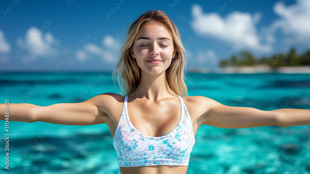 woman joyfully stretches her arms wide, embracing serene ocean backdrop under clear blue sky. Her peaceful expression reflects tranquility of tropical setting woman joyfully stretches her arms wide, embracing serene ocean backdrop under clear blue sky. Her peaceful expression reflects tranquility of tropical setting
