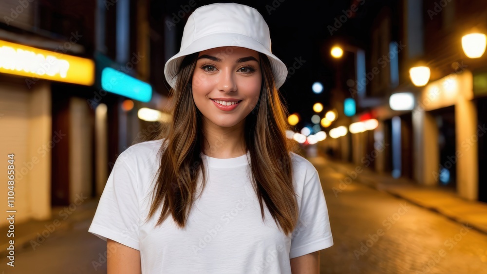 Young woman wearing white t-shirt and white bucket hat standing in a city alley at night Young woman wearing white t-shirt and white bucket hat standing in a city alley at night