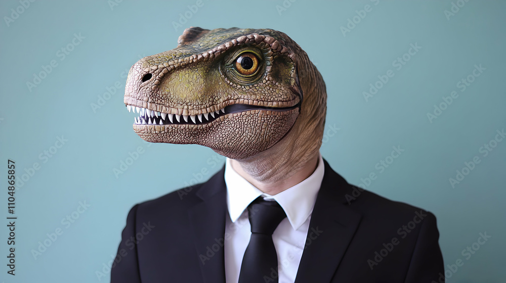 Businessman with Dinosaur Head, A Surreal Portrait Against a Teal Background Businessman with Dinosaur Head, A Surreal Portrait Against a Teal Background