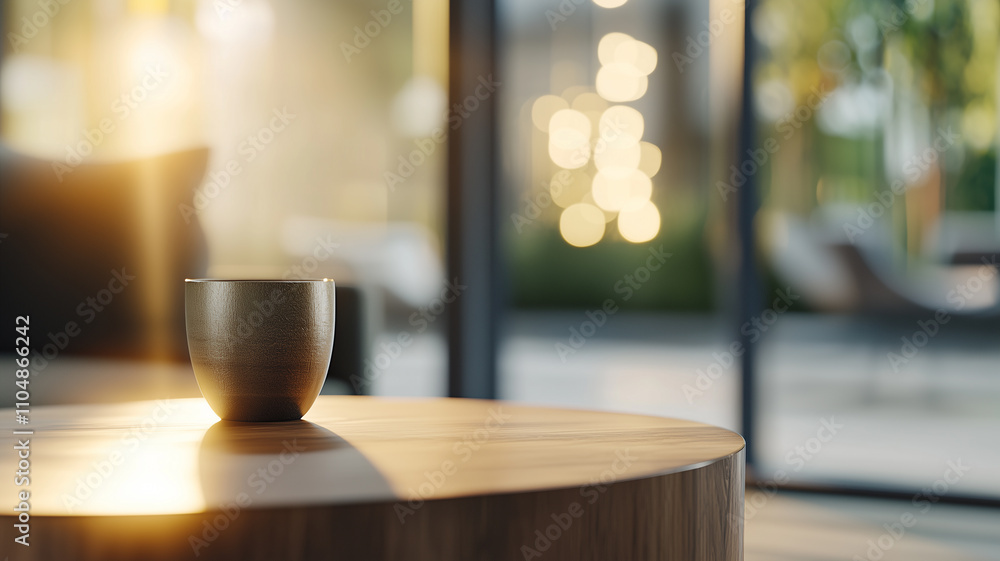 ceramic cup sits on wooden table in sunlit modern living room, with blurred outdoor scenery visible through large glass windows, creating serene and cozy atmosphere ceramic cup sits on wooden table in sunlit modern living room, with blurred outdoor scenery visible through large glass windows, creating serene and cozy atmosphere
