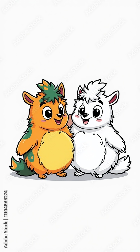 Fototapeta premium Cute Cartoon Characters Colorful and Black-and-White Versions