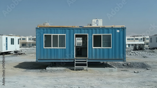 Blue Shipping Container Office Building Under Construction in Desert photo