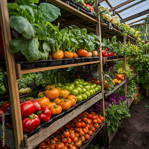 Cultivating freshness a colorful multitiered garden rack home vegetable display greenhouse vibrant vegetables