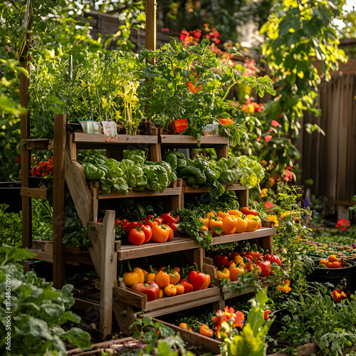 Cultivating healthy vegetables in a multitiered garden rack backyard gardening setup outdoor space vibrant colors sustainable living photo