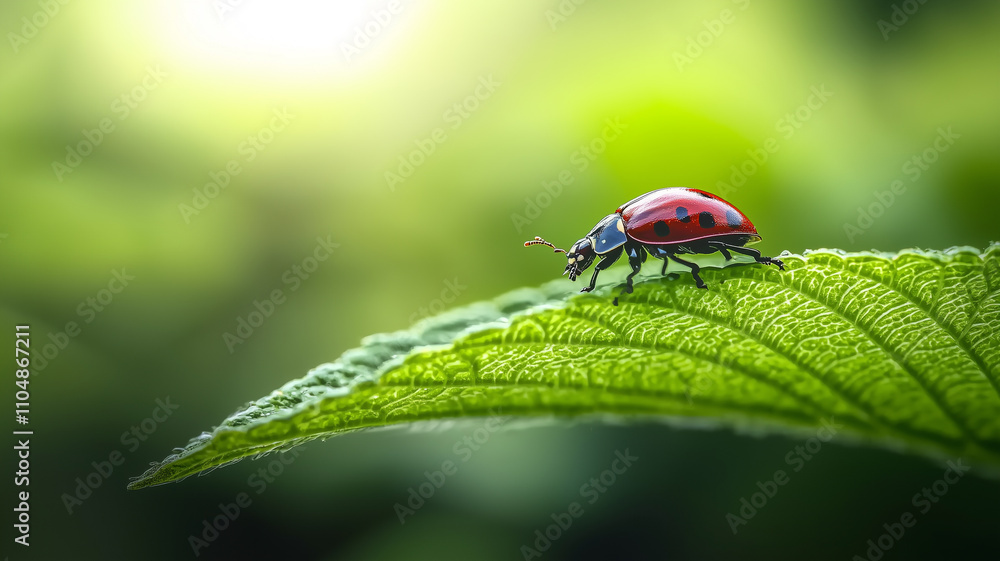 vibrant ladybug on green leaf in natural setting, showcasing intricate details and serene atmosphere. macro shot highlights beauty of nature and delicate balance of life vibrant ladybug on green leaf in natural setting, showcasing intricate details and serene atmosphere. macro shot highlights beauty of nature and delicate balance of life