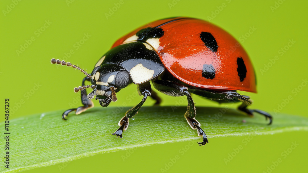 Fototapeta premium vibrant ladybug with red and black spots is perched on green leaf, showcasing its intricate details in natural macro shot
