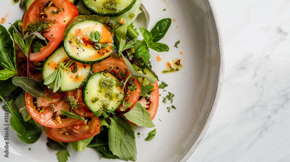 Fresh Cucumber and Tomato Salad with Basil on White Marble Background, Highlighting Vibrant Colors and Natural Simplicity Fresh Cucumber and Tomato Salad with Basil on White Marble Background, Highlighting Vibrant Colors and Natural Simplicity