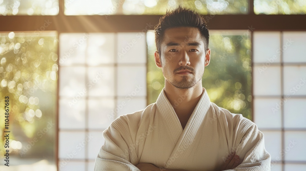 Serene Martial Arts Practice in Traditional Dojo with Focused Guy in Uniform under Soft Light