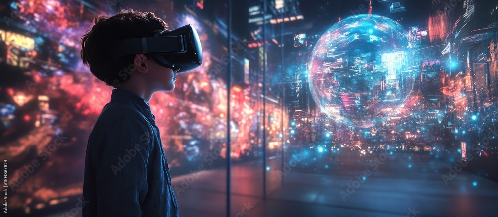 Young boy wearing VR headset exploring virtual world with futuristic city background. Young boy wearing VR headset exploring virtual world with futuristic city background.