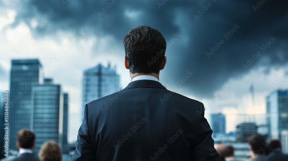 businessman stands confidently facing stormy city skyline, symbolizing resilience and determination amidst challenges. dark clouds suggest impending difficulties, yet he remains steadfast businessman stands confidently facing stormy city skyline, symbolizing resilience and determination amidst challenges. dark clouds suggest impending difficulties, yet he remains steadfast