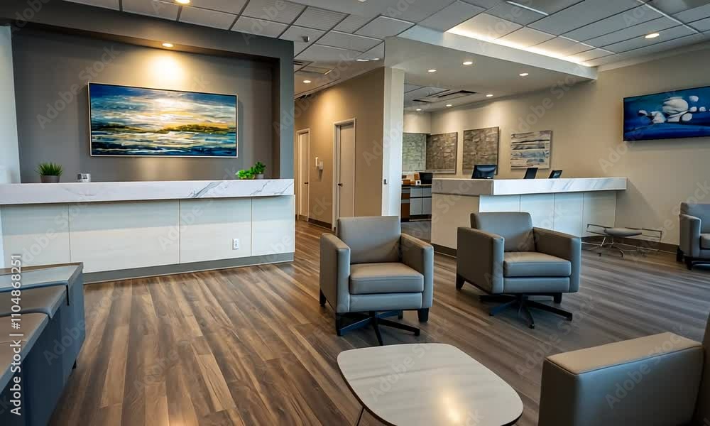 Modern and Serene Medical Office Waiting Room with Artwork and Comfortable Seating Modern and Serene Medical Office Waiting Room with Artwork and Comfortable Seating