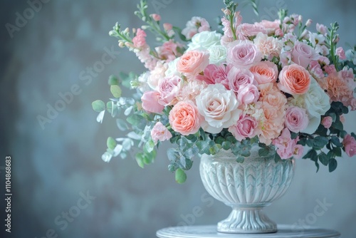 A beautiful bouquet of pink, white, and peach flowers in a white vase.