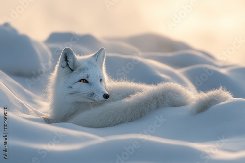 A white arctic fox with orange eyes lays in a snowdrift, basking in the golden glow of the setting sun.