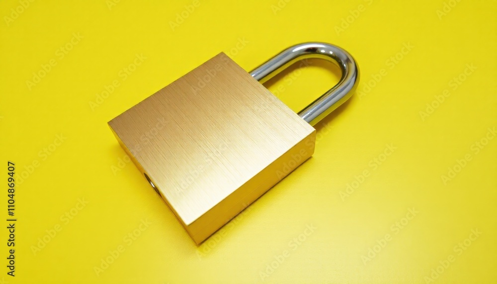 a shiny gold padlock placed on a smooth yellow surface, with the padlock's keyhole clearly visible. a shiny gold padlock placed on a smooth yellow surface, with the padlock's keyhole clearly visible.