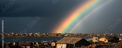 End of War and Peace Concept, Peaceful Village Emerging from Ruins Under a Vivid Rainbow Display After a Stormy Weather Scene