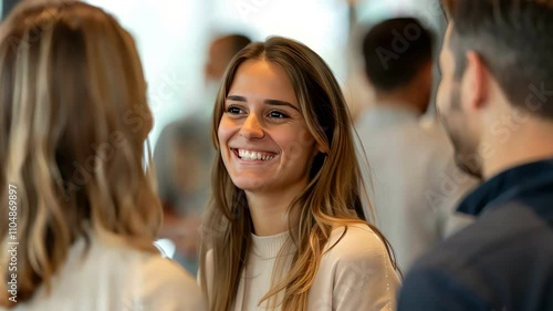 Wallpaper Mural A smiling young woman engaged in a lively conversation at a networking event, showcasing connection and positivity. Torontodigital.ca