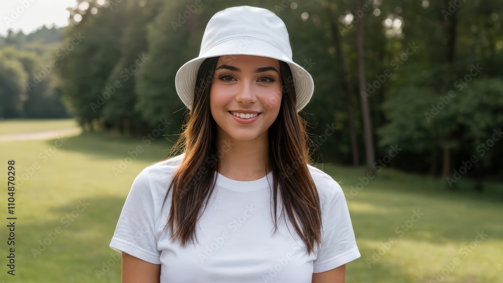 Young woman wearing white t-shirt and white bucket hat standing in nature Young woman wearing white t-shirt and white bucket hat standing in nature