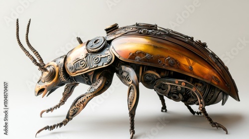 Steampunk Beetle Sculpture: Detailed Metal Art - Intricate steampunk beetle, metal art, detailed gears, insect design, bronze tones.  Symbolizing craftsmanship, innovation, nature, technology, artistr photo