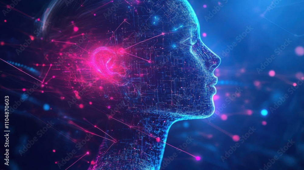 Futuristic Profile of a Digital Woman with Glowing Connections Futuristic Profile of a Digital Woman with Glowing Connections
