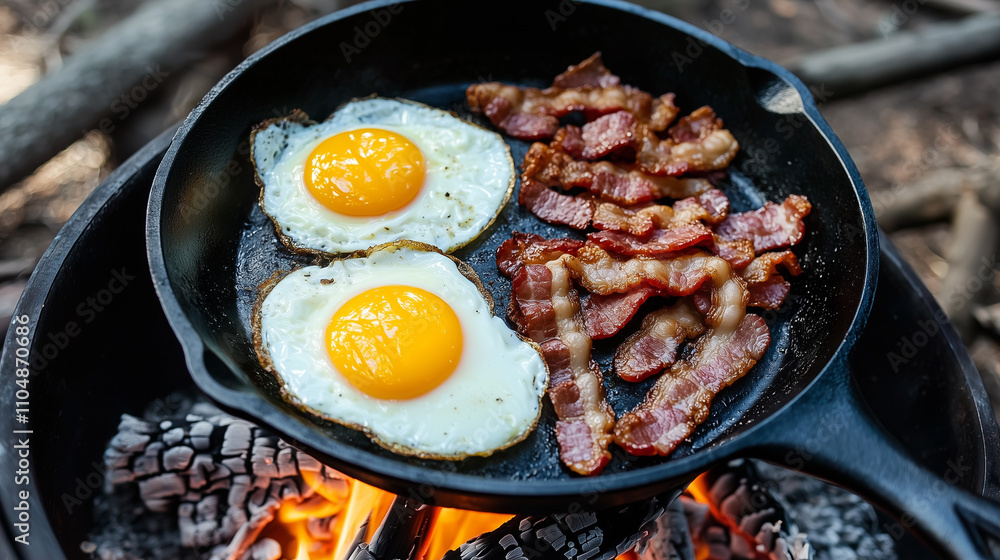 Camping Breakfast with Bacon and Eggs in a Cast-Iron Skillet Camping Breakfast with Bacon and Eggs in a Cast-Iron Skillet