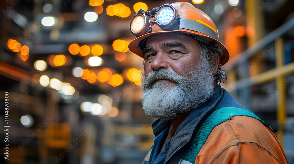Industrial Worker Portrait, A seasoned worker stares intently, his weathered face illuminated by the warm glow of factory lights, reflecting years of dedication and expertise. Industrial Worker Portrait, A seasoned worker stares intently, his weathered face illuminated by the warm glow of factory lights, reflecting years of dedication and expertise.