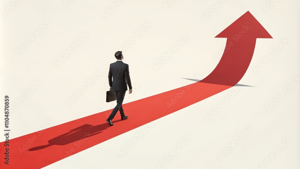 Businessman Walking Up Red Arrow Path to Success Businessman Walking Up Red Arrow Path to Success