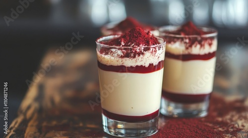 Sweet and Creamy Liqueur-Based Shot Cocktails - Delicious layered dessert shots, creamy liqueur base, vibrant red topping, elegant presentation, perfect for parties. photo