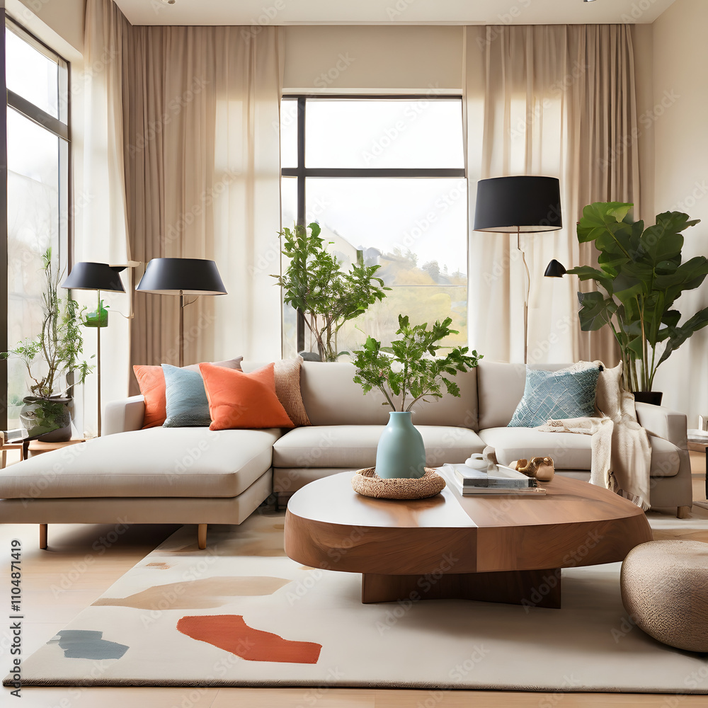 Fototapeta premium living room interior , white and beige tones living room 
