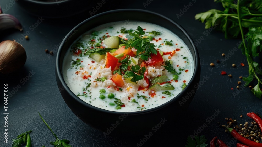 A bowl of soup with vegetables and herbs on a table A bowl of soup with vegetables and herbs on a table