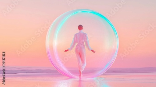 Person walking inside a large transparent sphere ball that protects from the outside world. Her personal space and the ability to set boundaries, an introvert and a recluse