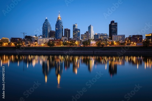 A city skyline is reflected in the water