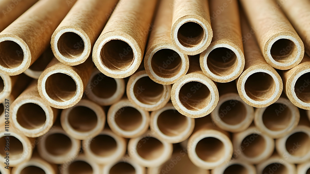 Close-up of Stacked Brown Paper Tubes with White Edging, Abstract Texture Background Close-up of Stacked Brown Paper Tubes with White Edging, Abstract Texture Background